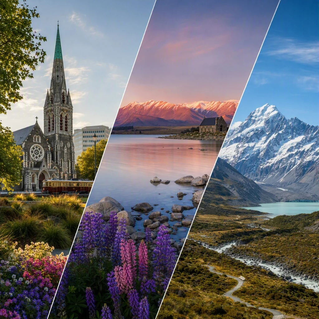Scenic highway crossing open tussock landscapes towards snow-capped peaks of Aoraki Mount Cook
